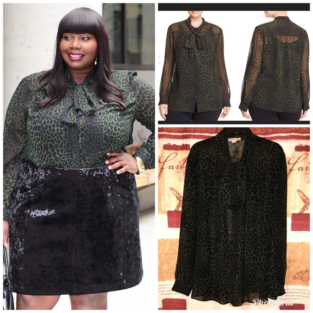 Michael Kors Animal Print Neck Tie Blouse 3X